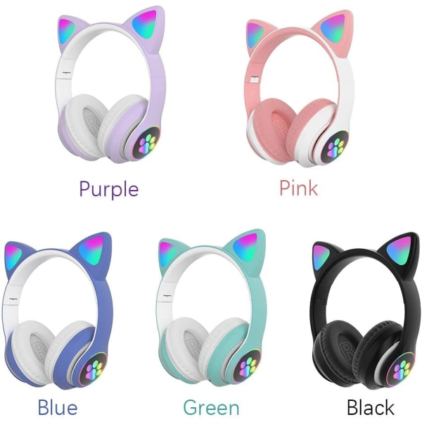 Söta Cat Ear-hörlurar, LED-lampor Trådlöst Bluetooth 5.0 Headset för PC Tablet FM Radio Present Stereo Barn Vuxna hopfällbara spelhörlurar