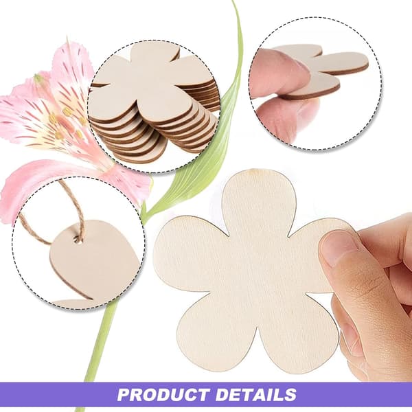 40-pack träblommor för pyssel, 7,5 cm ofärdiga blomutskärningar och träprydnader med 10 m snöre för DIY-projekt