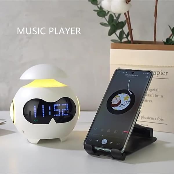 Barn Väckarklocka, USB-driven Väckarklocka, Dubbla Larminställningar, med Justerbart Nattljus & Mini Bluetooth-högtalare