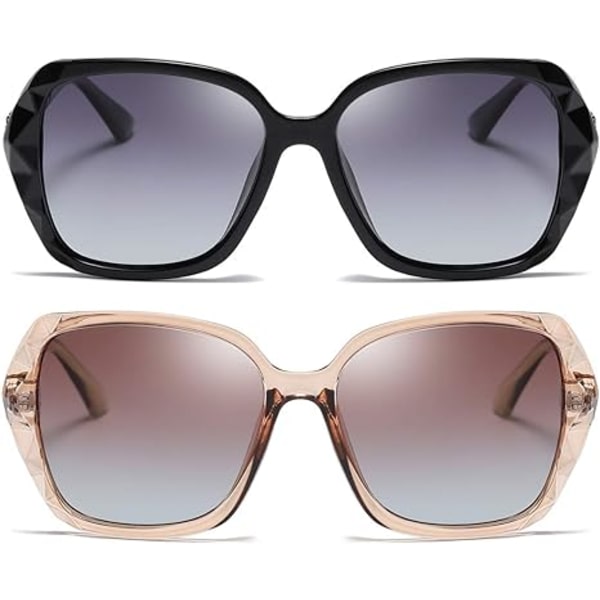 2 stk Oversized Polariserte Solbriller for Kvinner Trendy Klassiske Dame Solbriller UV400 Beskyttelse black and Brown