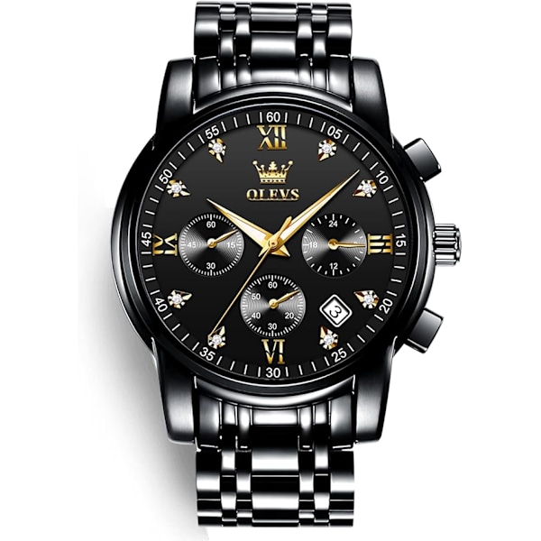 OLEVS Herrklocka Chronograf, Vattentät Multifunktionell Urtavla med Datum Diamantklockor för Män Black Dial/Black Band