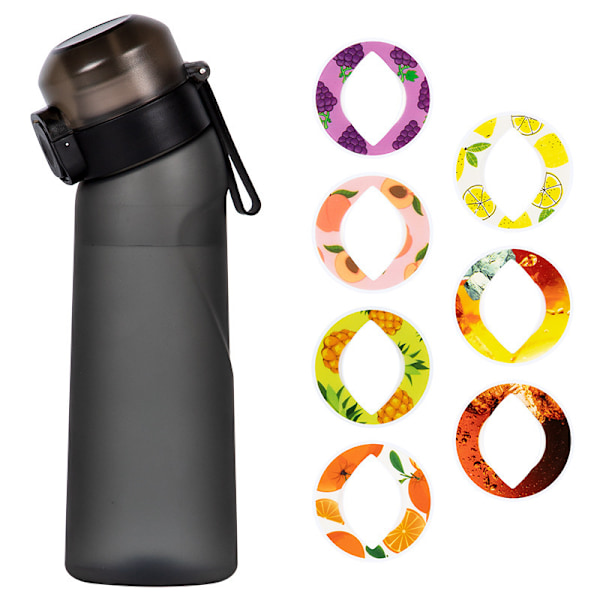 Ilmavesipullo tuoksupalkoilla, 650 ml juomapullot 7 hedelmäpalkoilla, oljella (satunnaisia ​​tuoksupalkoja) Frosted black (7 random rings)