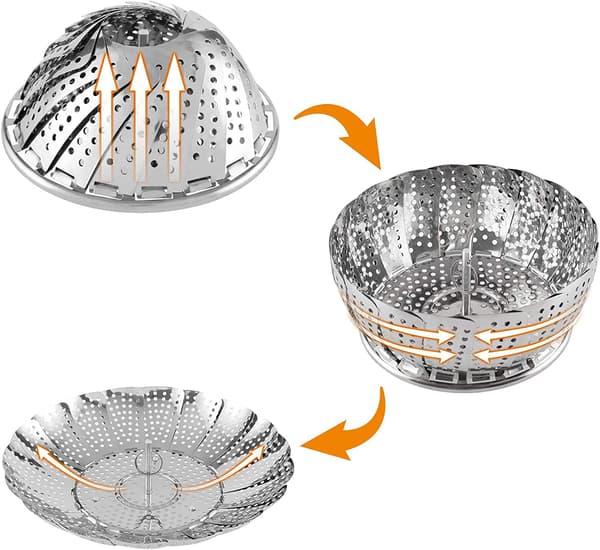 Madkvalitets rustfrit stål dampkurv, Foldbar, sammentrækkelig Silver 22.5cm