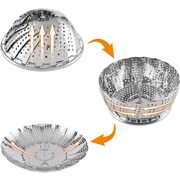 Madkvalitets rustfrit stål dampkurv, Foldbar, sammentrækkelig Silver 27cm