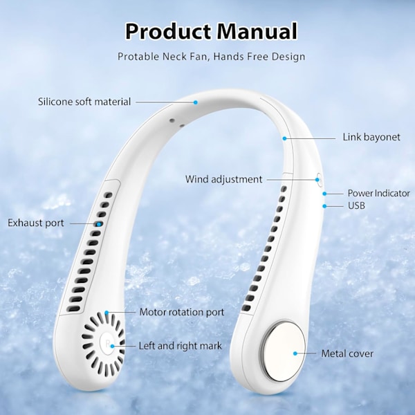 Halsventilator, bærbar håndfri bladløs mini-ventilator med 360° kølende luftstrøm, USB-genopladelig med 3 vindhastigheder White
