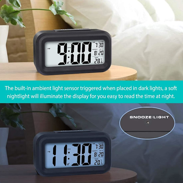 Digitalt vækkeur, 12/24 timers sengeur med LCD-baggrundsbelyst display, ur med dato, kalender og temperatur Black