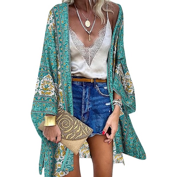 Naisten Kimono-neuletakki Boheemi Kukkakuvioinen Rantapeite 3/4 Hiha Sifonki Bikini Sarong Huivi Topit Style 4 XL