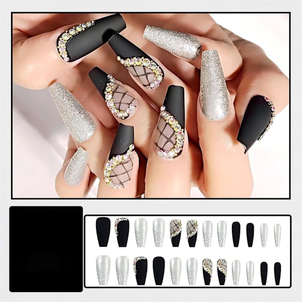 Långa tryck på naglar Falska naglar med lim Akryl falska naglar med hjärta 3D strassdesigner Silver glitter Konstgjorda falska fingernaglar, 24 st
