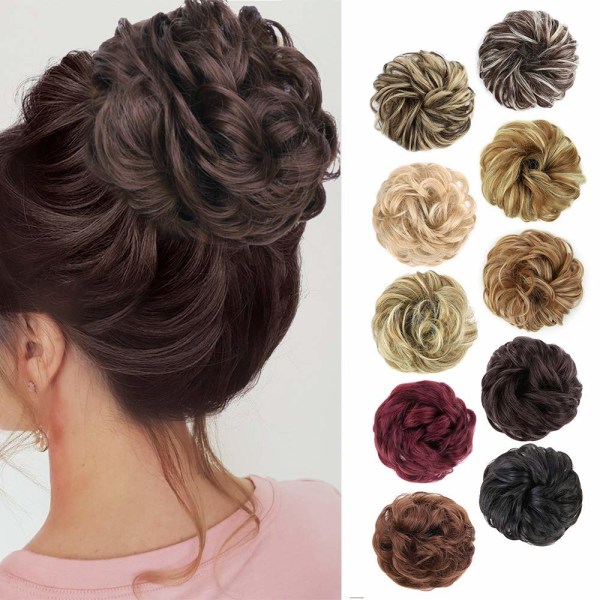 1 st Messy Hair Bun Hair Scrunchies Extension Curly Wavy Messy Syntetisk Chignon för kvinnor Updo Hairpiece 8#(Medium chestnut Brown)#