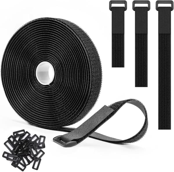 Kabelbindere 2,5 cm x 5 m Genanvendelig Krog- og Strop med 25 Spænder, Justerbare Kabelstropper til Ledningshåndtering og Organisering (Sort)