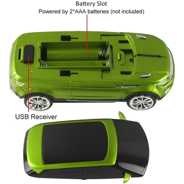 2.4 GHz:n langaton automuotoinen hiiri, hieno urheiluauto, optinen hiiri, 1600 DPI, kannettava toimistohiiri, langaton hiiri USB-vastaanottimella Green