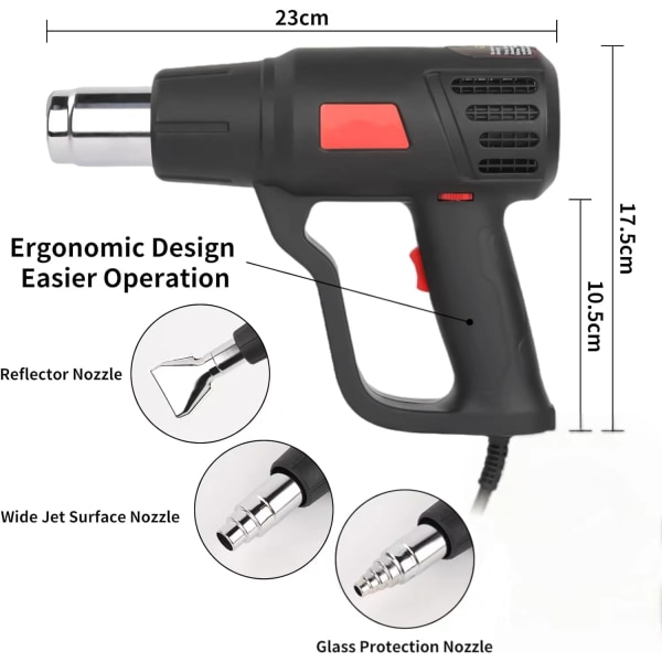 Varmepistoler, 2000W varmluftpistol 60℃~600℃ trinnløs temperaturkontroll + 2 luftstrømsbeskyttelse mot overbelastning, for oppvarming, tining og lodding