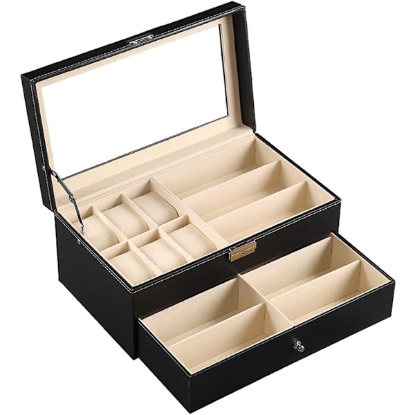 Läder 6 Klockbox Smyckeskrin och 9 Delars Förvaring för Glasögon och Solglasögon Glasögon Display Låsbar Box Organizer