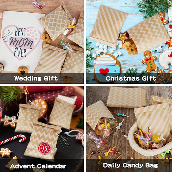 Pakke med 100 Kraft Papir Slikposer, Slik Cookie Favor Snacks Buffet Butik Wrappers, 4 Forskellige Stil Ingen Voks Slikposer, 13x18CM