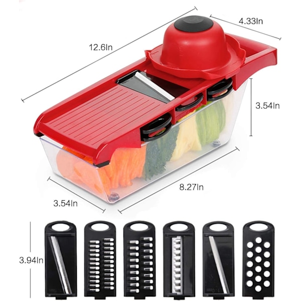 6-i-1 Mandolin Slicer, Multifunktionell Frukt- och Grönsaksskärare, Utbytbara Rostfria Stålblads med Matbehållare, Potatisskalare