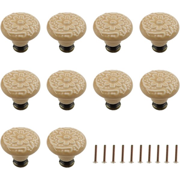 10-pack vintage keramiska lådhandtag, runda, lådknoppar Yellow