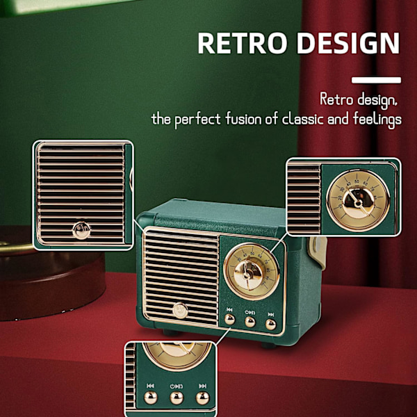 Retro Langaton Bluetooth-kaiutin - Kannettava Vintage Latautuva Mini-kaiutin Tehokkaalla Äänellä, USB/TF-kortti/AUX-tuki - Vihreä