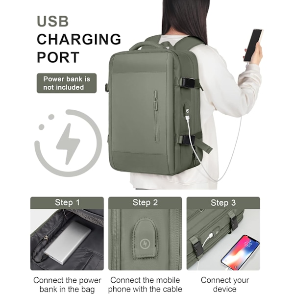 Stor Resebackpack för Laptop för Kvinnor, Handbagage Godkänd av Flygbolag, Utbyggbar Arbetsryggsäck, Personligt Föremål med Laptop dark Green