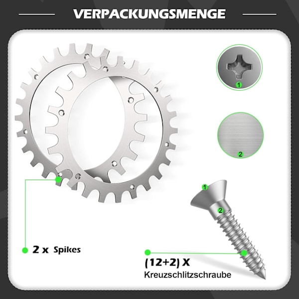x Premium rustfrit stål klamper til Worx S/M model, 2x rustfrit stål trækkraft forbedrende skruepigge, robotplæneklippere hjulstørrelse 205mm