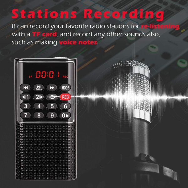 Bärbar FM-radio med inspelare, mini digital fickradio med SD/TF/AUX musikspelare, liten radio black