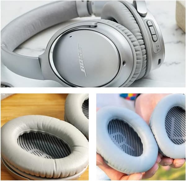 Erstatningsørekopper til Bose QC35 QC35II QC25 QC15 QC2 AE2 AE2i hovedtelefoner, bløde ørepuder i proteinlæder, lysegrå Light grey