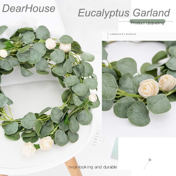 Kunstig eukalyptusgirlander Falske silke eukalyptusblader Vinstokker Håndlaget girlander Grønt bryllupsbakgrunn Buede veggdekor Green 3pcs