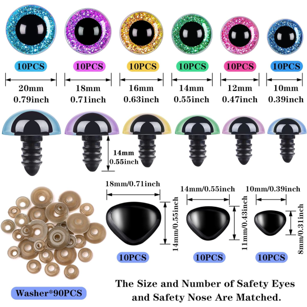 180 stk 10-20 mm store sikkerhetsøyne og sikkerhetsneser for heklede dyr Kromatiske plastøyne for sying med skive