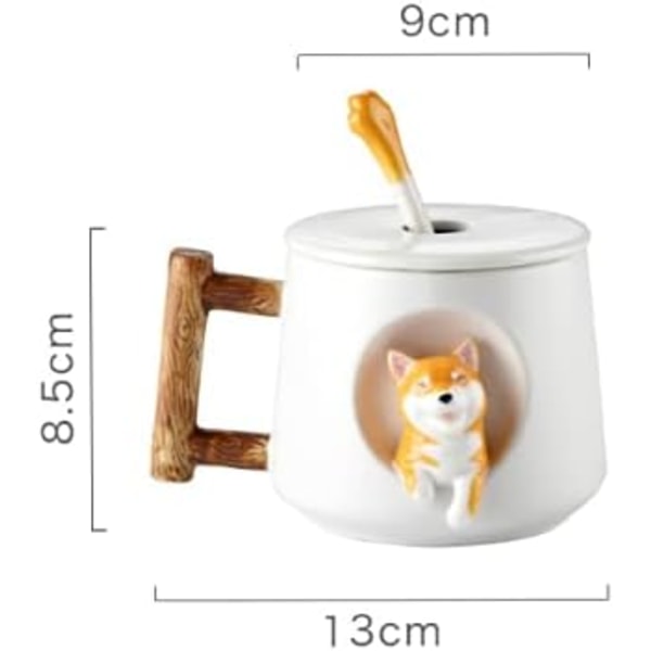 3D Sød Hund Kaffekrus Keramiske Tekopper med Låg & Ske Tegneserie Shiba Inu Kop Indlejret Dyr Udenfor Morgenkrus 420ML White