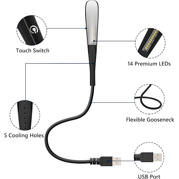 LED USB Läslampa, Beröringskänslig Strömbrytare, 3 Justerbara Ljusstyrkor, Flexibel Svanhals, för Resor, Läsning, Sovrum, Kontor Negro