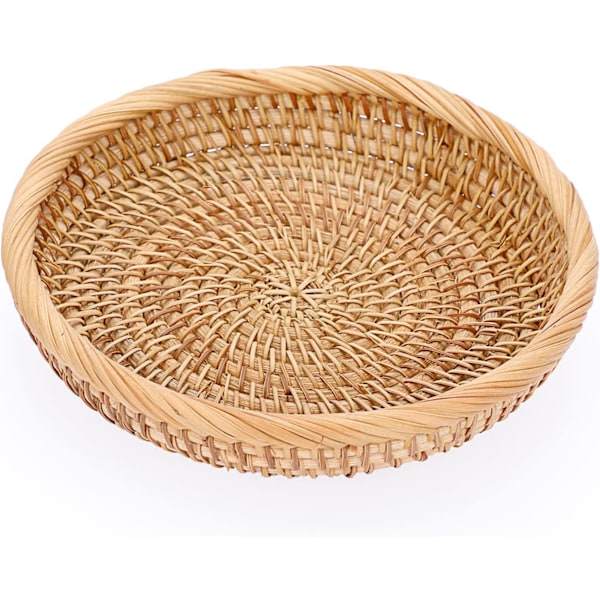 Rund Rattan Vevd Serveringsbrett 19cm Kaffebord Dekorativt Displaybrett Stue Skrivebord Organiseringsbrett for Parfyme, Lys