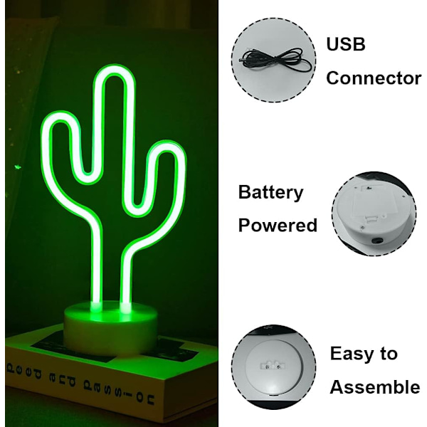 LED Neon Skilt Soveværelse Dekorativt Natlys Indendørs Belysning Batteri og USB Drevet Lampe (Grøn Kaktus)
