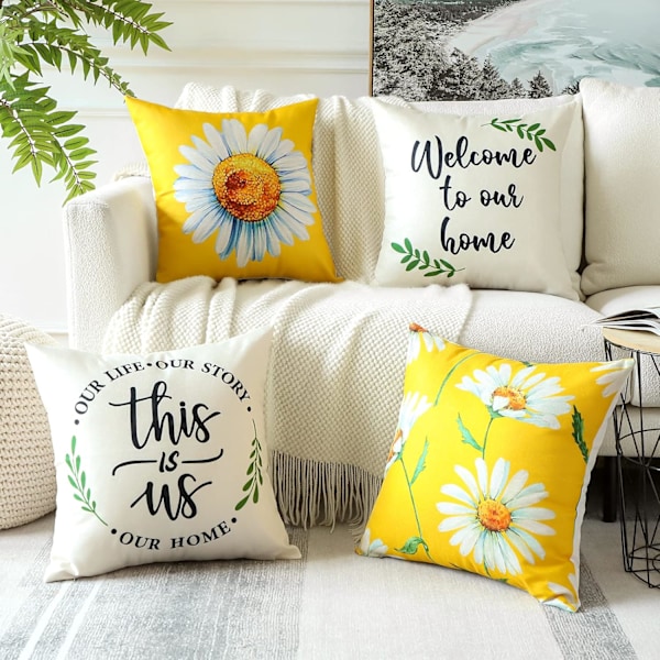Set med 4 blommiga prydnadskuddfodral 45x45 cm sommar dekorativa fyrkantiga kuddöverdrag soffa färgglada blommor kuddvar