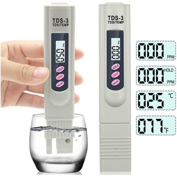 Bärbar digital LCD TDS-3 dricksvattenmätare, temperatur- och PPM-vattenrenhetstestare, 0-9990 PPM vattenhydroponik (testar inte PH)