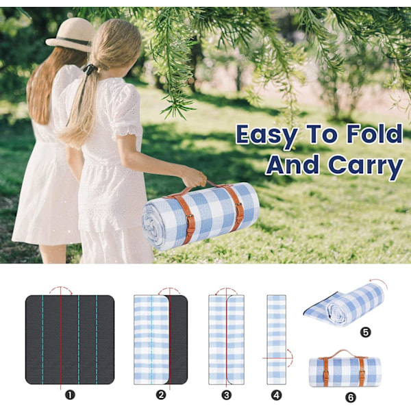 Picknickfilt Extra Stor, Vattentät och Vikbar Strandfilt, för Camping, Park, Strand, Gräs, Inomhus White & Blue Grids
