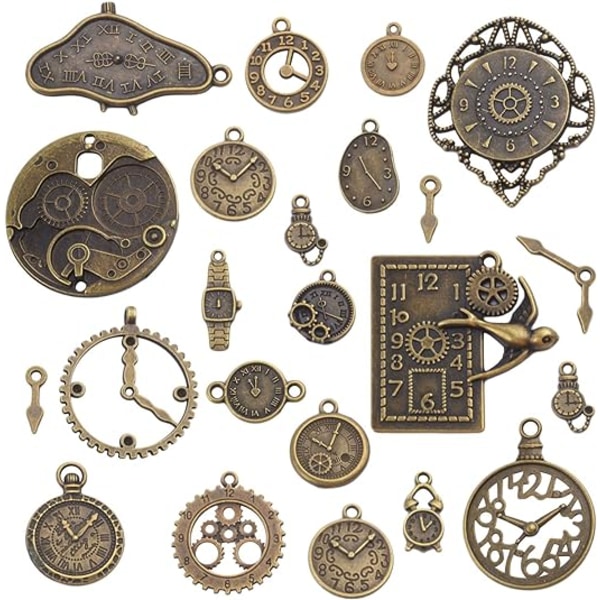 Klokkeansikts-sjarmarmbånd, 100 gram multi-stil klokker og urverk urskivebevegelse sjarm tannhjul steampunk-anheng håndverksartikler Antique Bronze