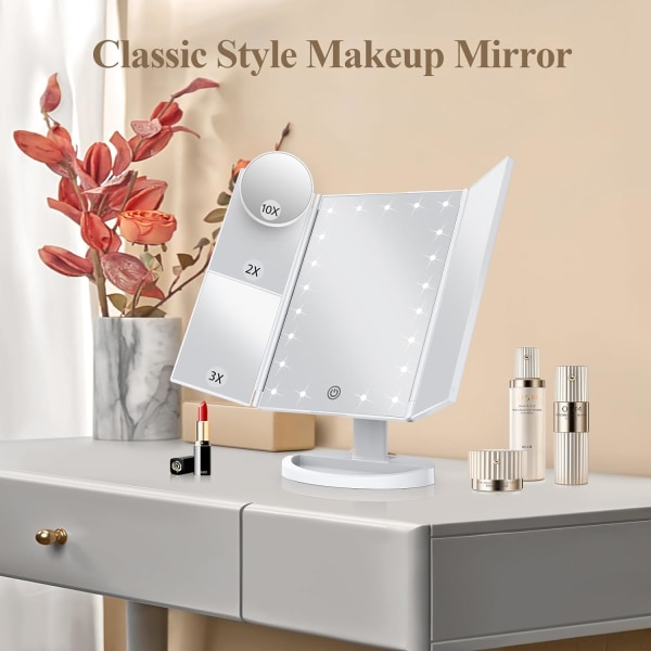 Makeup Mirror with Lights, 2X 3X 10X Magnification, Touch Control, Trifold Makeup Mirror, Dual Power Supply, Portable Makeup Mirror(White)