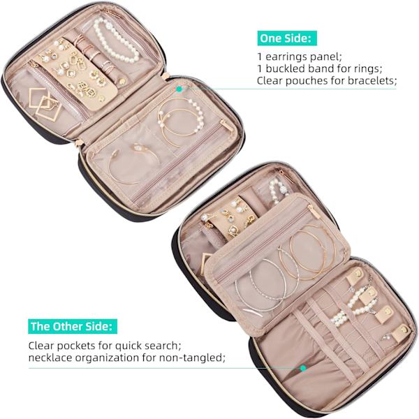 Rejse Smykke Organizer Folio, Smykke Ruller til Halskæder, Øreringe, Ringe, Armbånd, Ur, sort