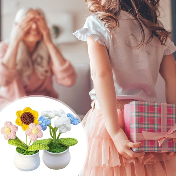 2 Pak Hæklede Potteplanter Strikkede Hæklede Blomster Små Strikkede Blomster i Potte med Plastik Blomsterpotte Hæklet Blomst style 2