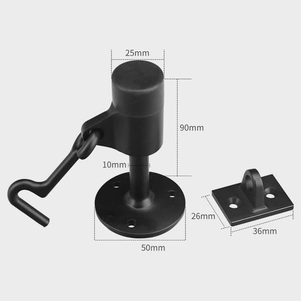 90 mm sort dørstopper i rustfrit stål med krog, moderne dørholder med lyddæmpende gummibuffer og monteringsskruer