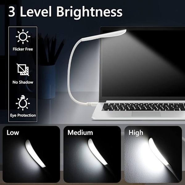 LED USB Läslampa, Beröringskänslig Strömbrytare, 3 Justerbara Ljusstyrkor, Flexibel Svanhals, för Resor, Läsning, Sovrum, Kontor Blanco