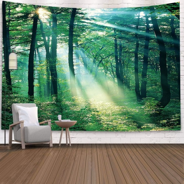 Vihreä sumuinen metsätapetti, seinävaate, maisematapetti Auringonpaisteen läpi puiden tapetti koriste 95x73cm