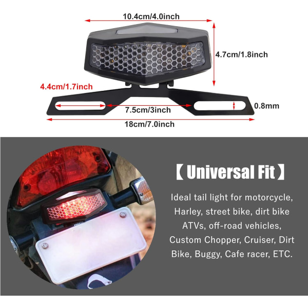 LED-bakljus för motorcykel med registreringsskyltsfäste, integrerade blinkers, bromsljus, universell för motorcykel, dirt bike, scooter, ATV.