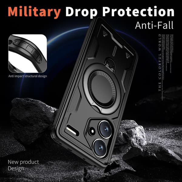 Xiaomi Redmi Note 13 Pro Plus 5G Armor Cover, 360 Metal Ring Kickstand Magnetisk Stødsikker Airbag Bumper Cover Sort