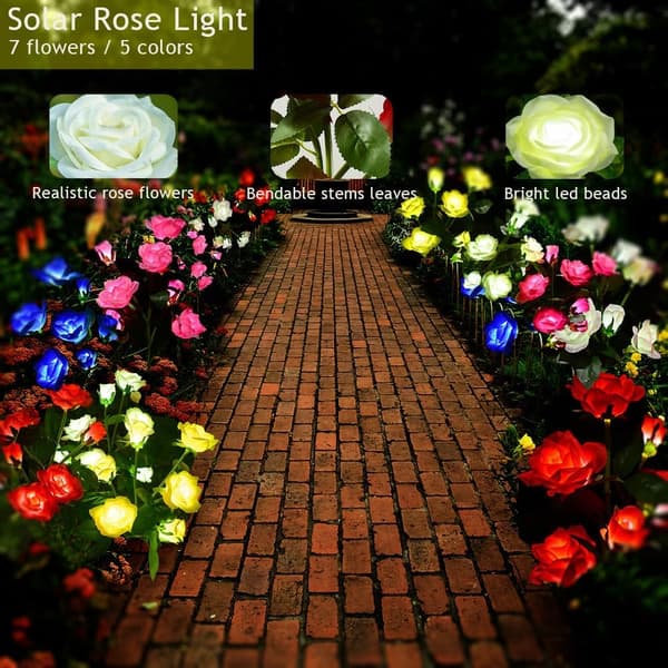 2 stk LED Solcelle Roselys, 7 Blomster Vanntette Hagelys, Utendørs Gangstilys white