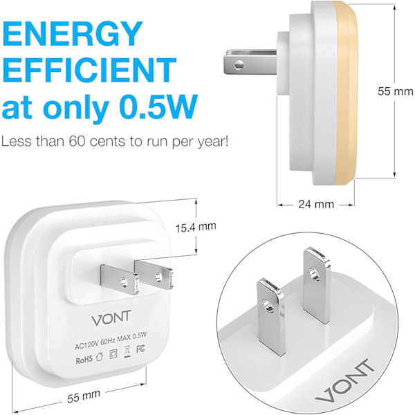 Nattlys Plug-in [6-pakning] Smart Dusk to Dawn Sensor, Automatiske nattlys, Varm hvit Warm White 2.1"D x 0.9"W x 2.1"H