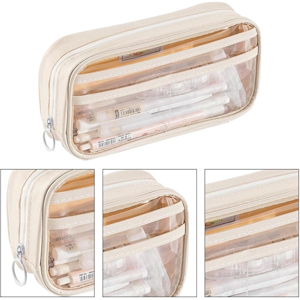 Stor Organiseringsväska | Transparent Pennfodral | Beige Pennfodral | Estetiskt Sött Transparent Pennfodral för Flickor