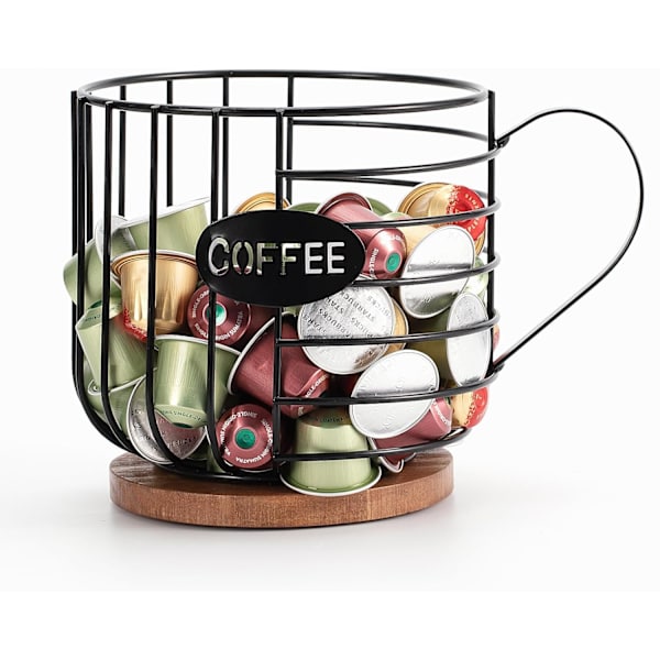 Kaffepods hållare, stor kapacitet svart tråd K-kopp förvaring med trälock, för pods & espressokapslar