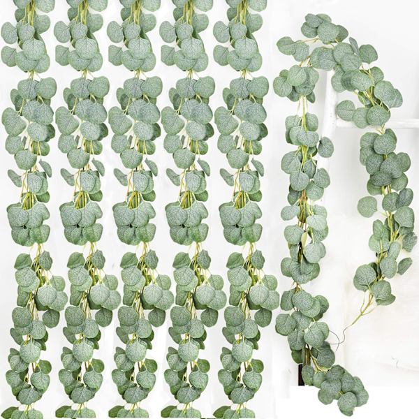 Kunstig eukalyptusgirlander Falske silke eukalyptusblader Vinstokker Håndlaget girlander Grønt bryllupsbakgrunn Buede veggdekor Green 6Pcs