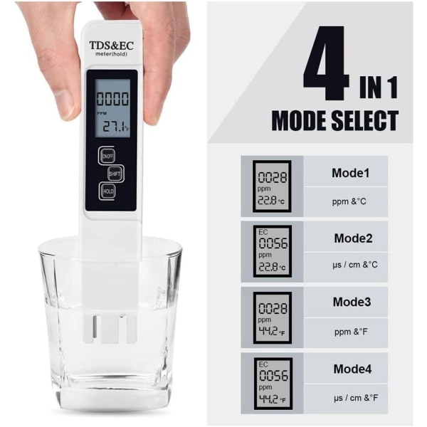 3-i-1 TDS-testare pH-testare Simbassäng Vattenkvalitetstest Konduktivitetsmätare med LCD-skärm med hög noggrannhet och automatisk kalibreringsfunktion