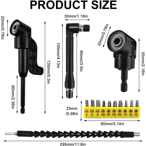 14 Dele Vinkel Skruetrækker Sæt, 105° Fleksibel Skruetrækker, Borforlænger Fleksibel Skruetrækker til Bor, 1/4\" Korte Skruetrækker Bits